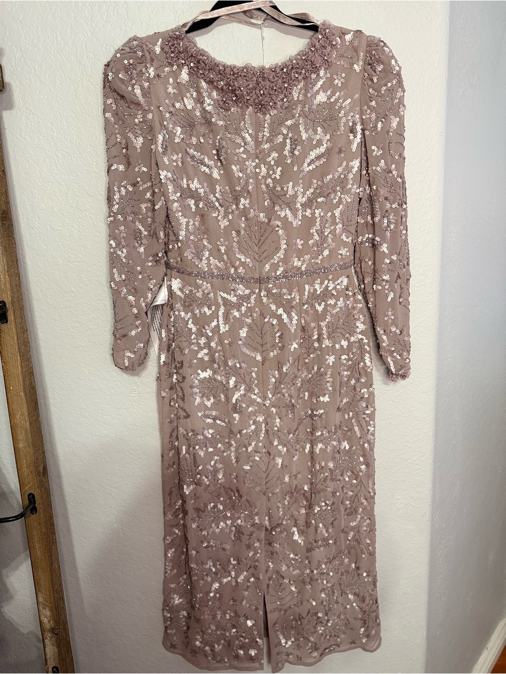 Mac Duggal Dusty Mauve Beaded Long-Sleeve Midi Dress - Picture 2 of 6
